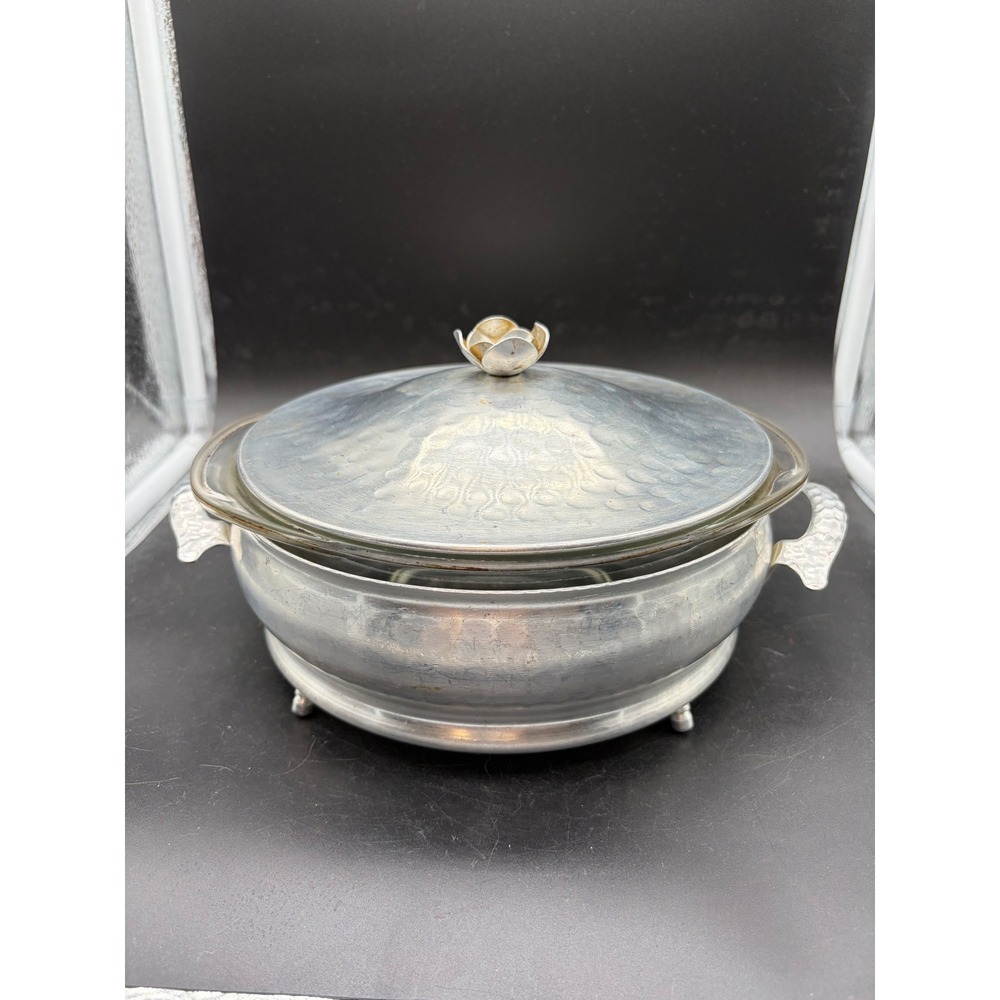 Vintage Hammered Aluminum Casserole Dish with Pyrex Glass Insert and Rose Lid